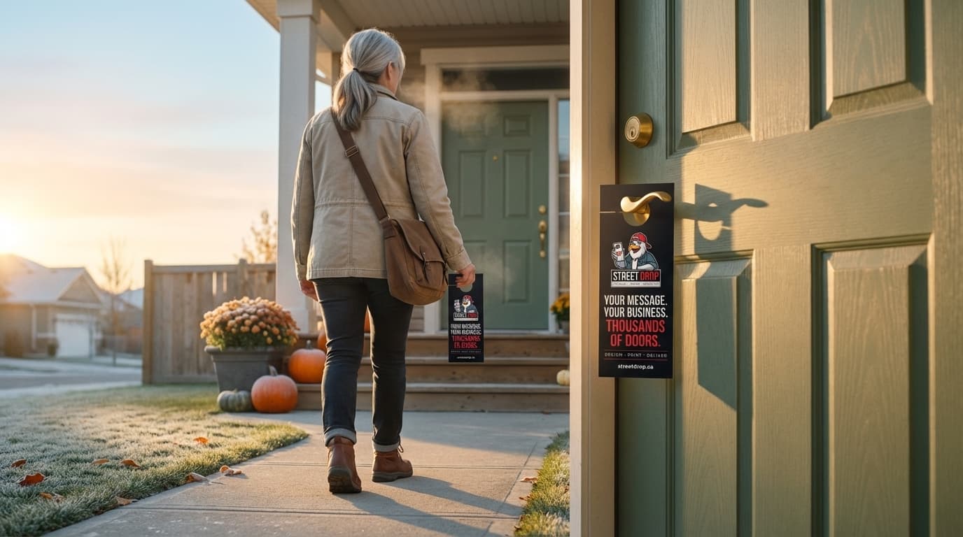 A silhouetted courier at blue hour gently placing a door hanger on a warm-lit front door handle.