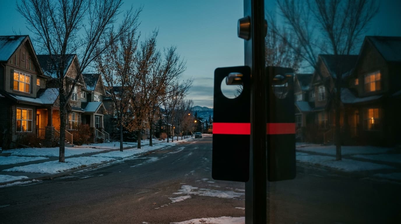 Calgary residential street at dusk with a single StreetDrop door hanger resting on a front-door handle