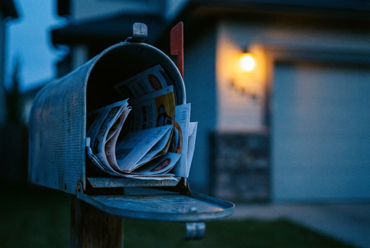 A cluttered residential mailbox at dusk, papers spilling gently, a warm porch light blurred behind.