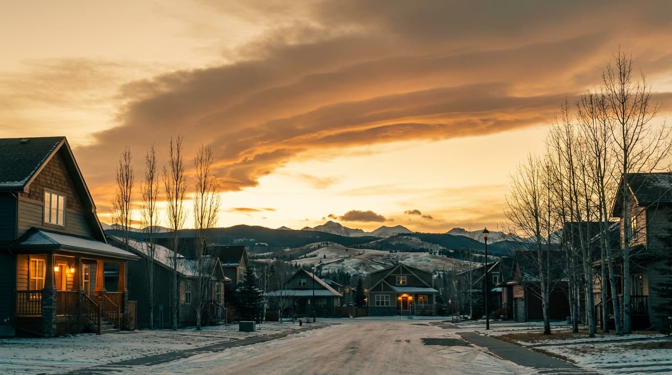 A Chinook arch glowing over Alberta foothills at golden hour, with a quiet residential street in the foreground.