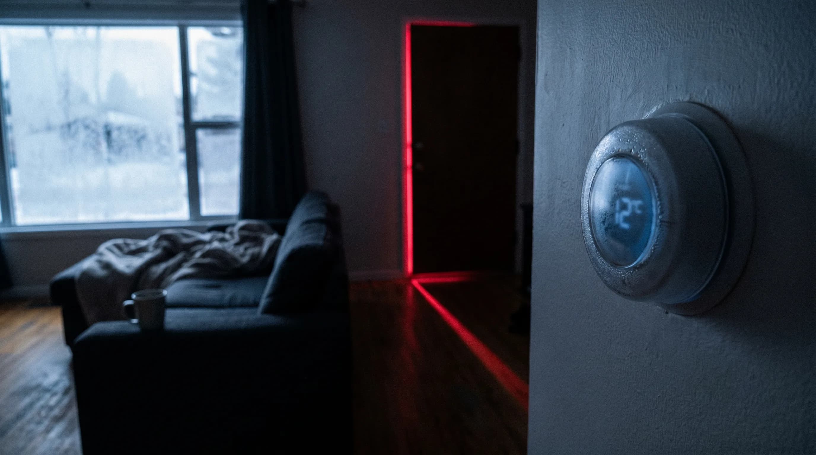 Frost-rimmed thermostat reading 12°C in a Calgary living room, hot red brand glow from the furnace room doorway — visceral pre-winter urgency.