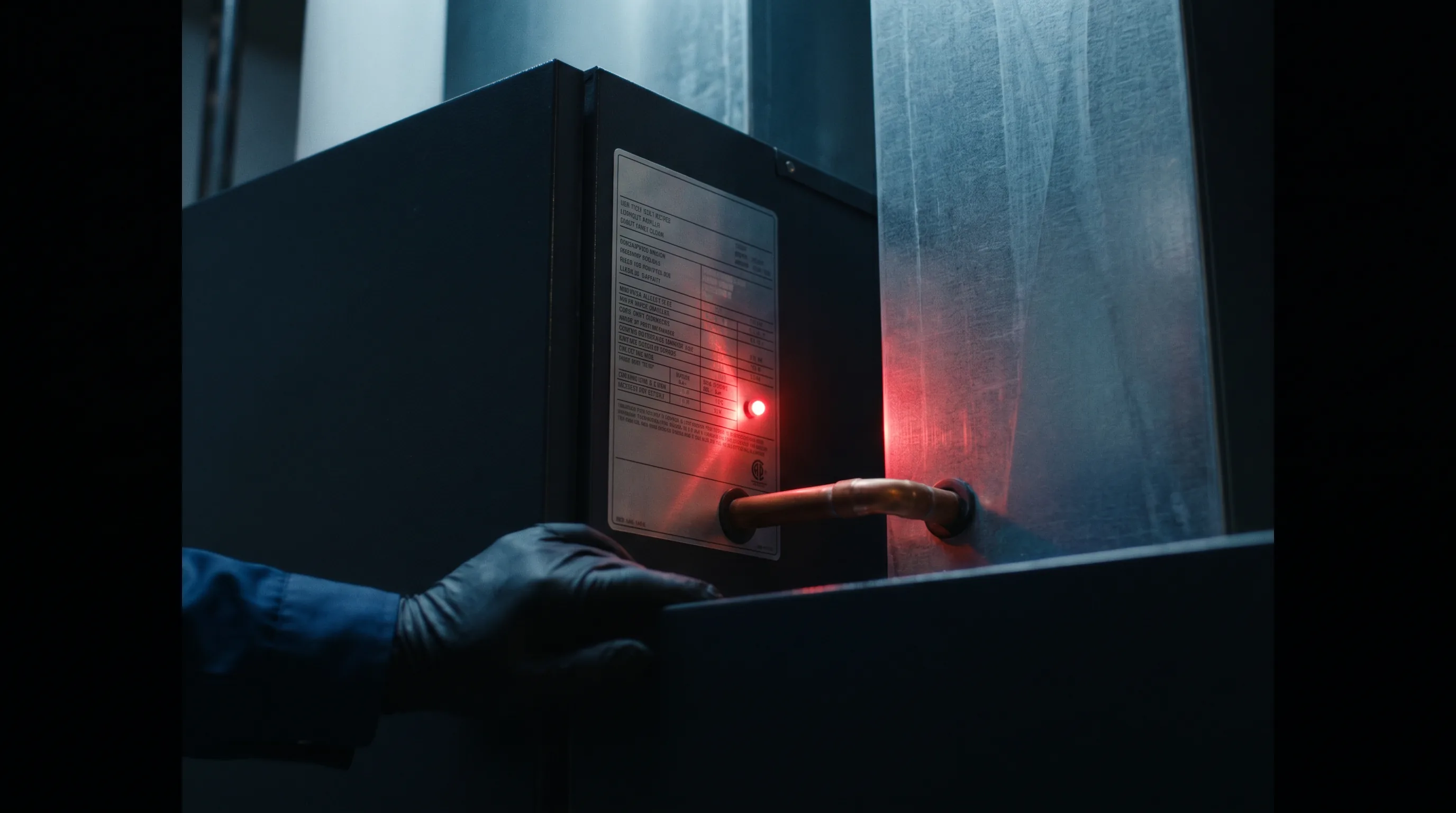Close-up of a brand-new high-efficiency furnace badge with a blinking red LED status indicator, technician’s gloved hand resting on the cabinet edge.