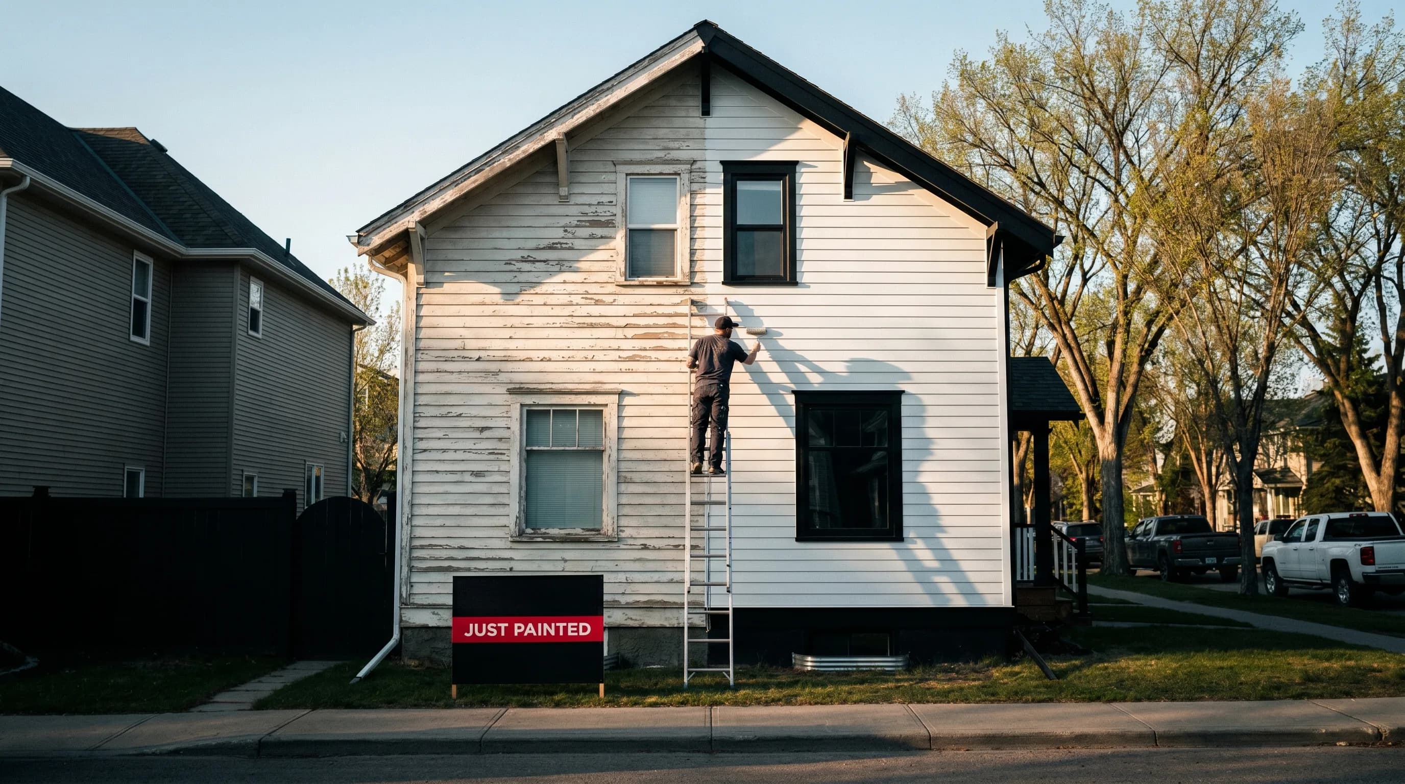 Calgary craftsman two-storey home split vertically — left half shows sun-faded peeling siding, right half shows a crisp fresh repaint, painter on a ladder mid-stroke at the boundary with a "Just Painted" lawn sign at the curb.