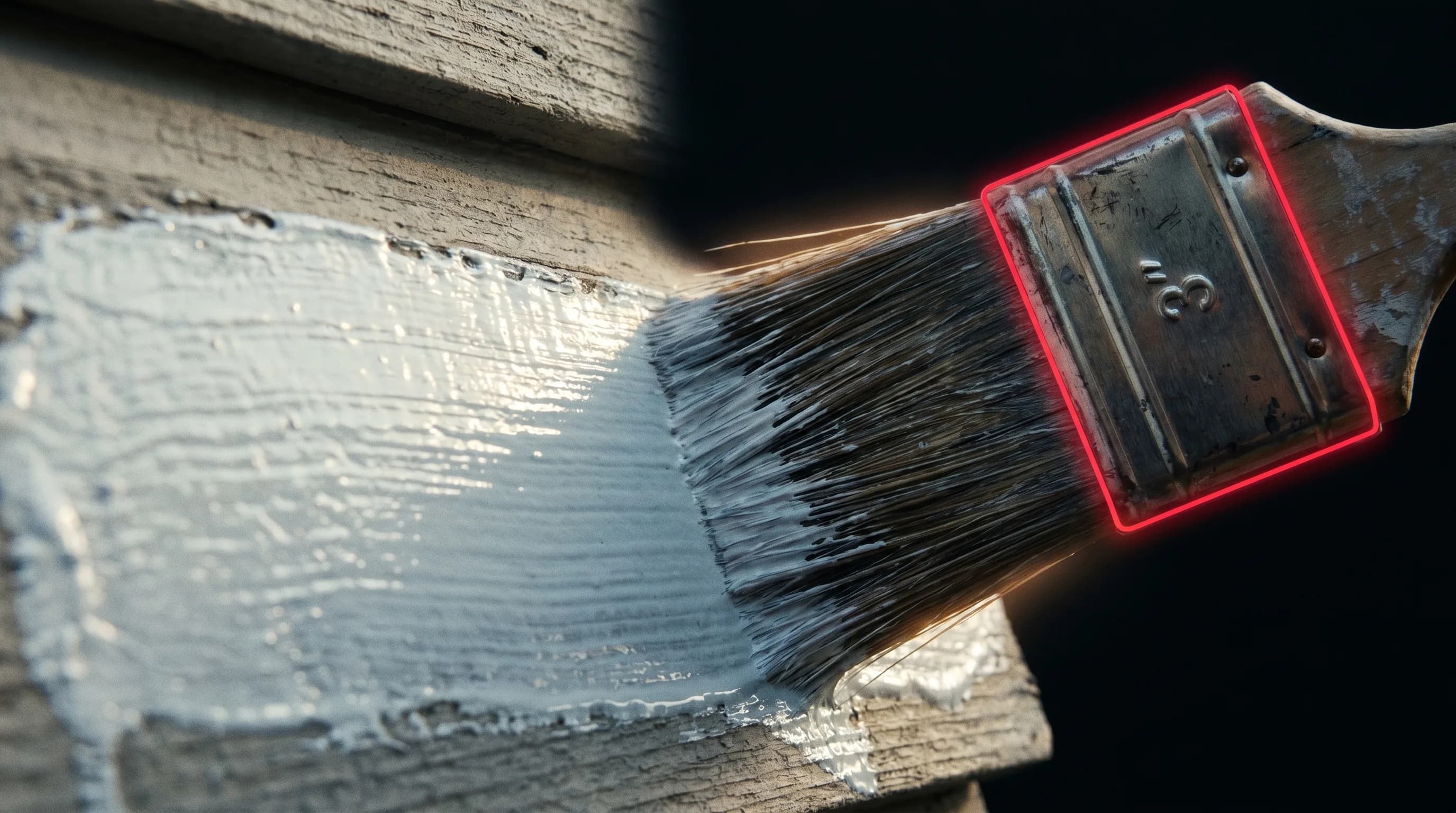Extreme macro of a 3-inch brush mid-stroke applying crisp cool-white exterior paint to weathered Calgary siding, golden afternoon raking light on the bristles.
