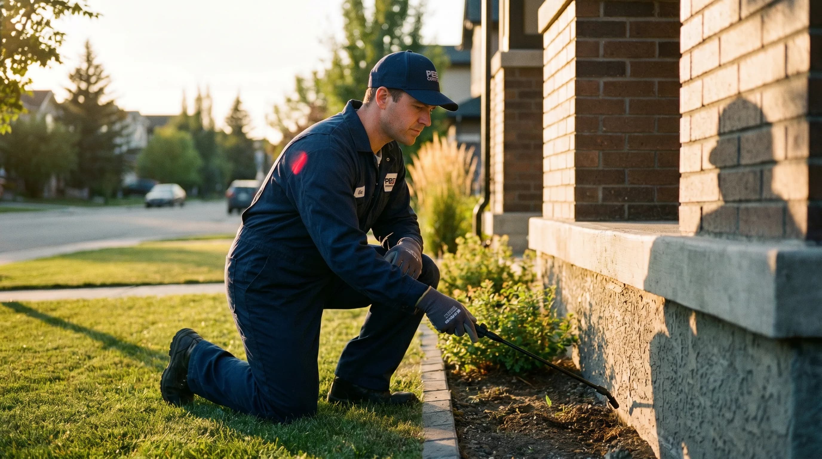 Licensed pest control technician in clean branded coveralls kneeling beside the foundation of a modern Calgary suburban home in warm late-afternoon light, precision applicator in hand — professional, confident, no pests visible.