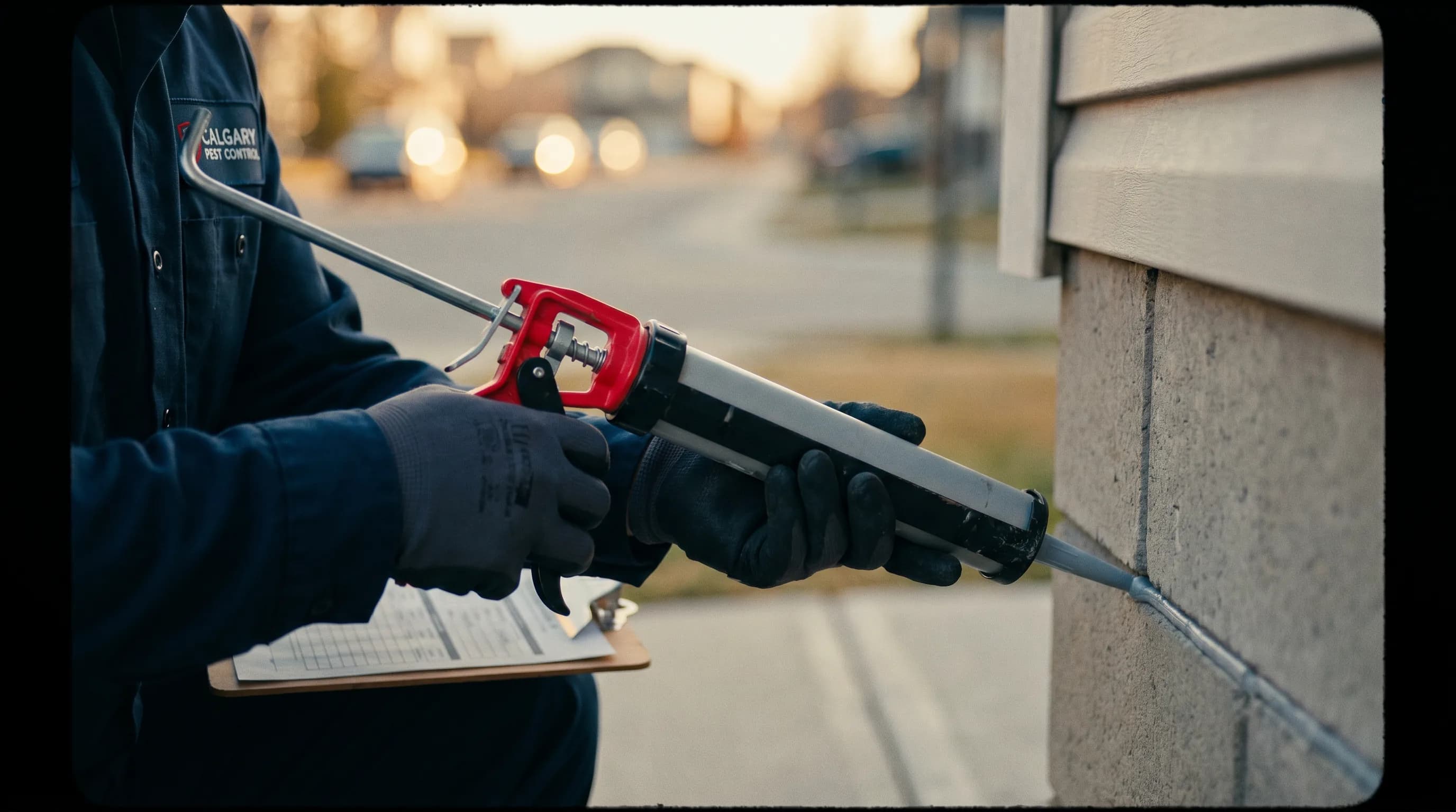 Close-up of a licensed pest-control technician’s gloved hands using a caulk gun to seal a foundation gap on a Calgary suburban home, late-afternoon warm light.