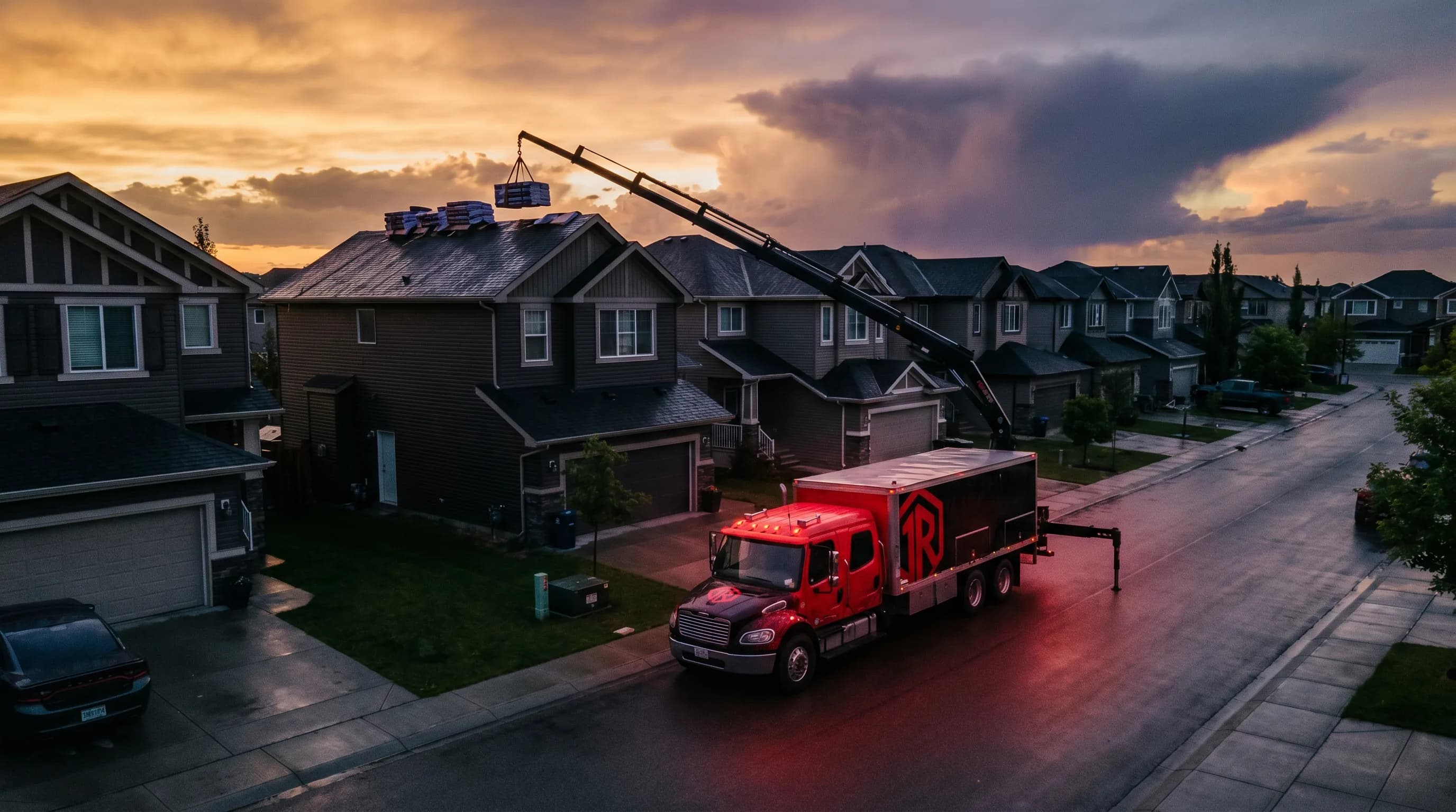 Drone overhead of a branded roofing truck parked on a Calgary residential street, shingles being loaded onto a two-storey home, dark hail clouds receding at golden hour with a hot red brand glow.