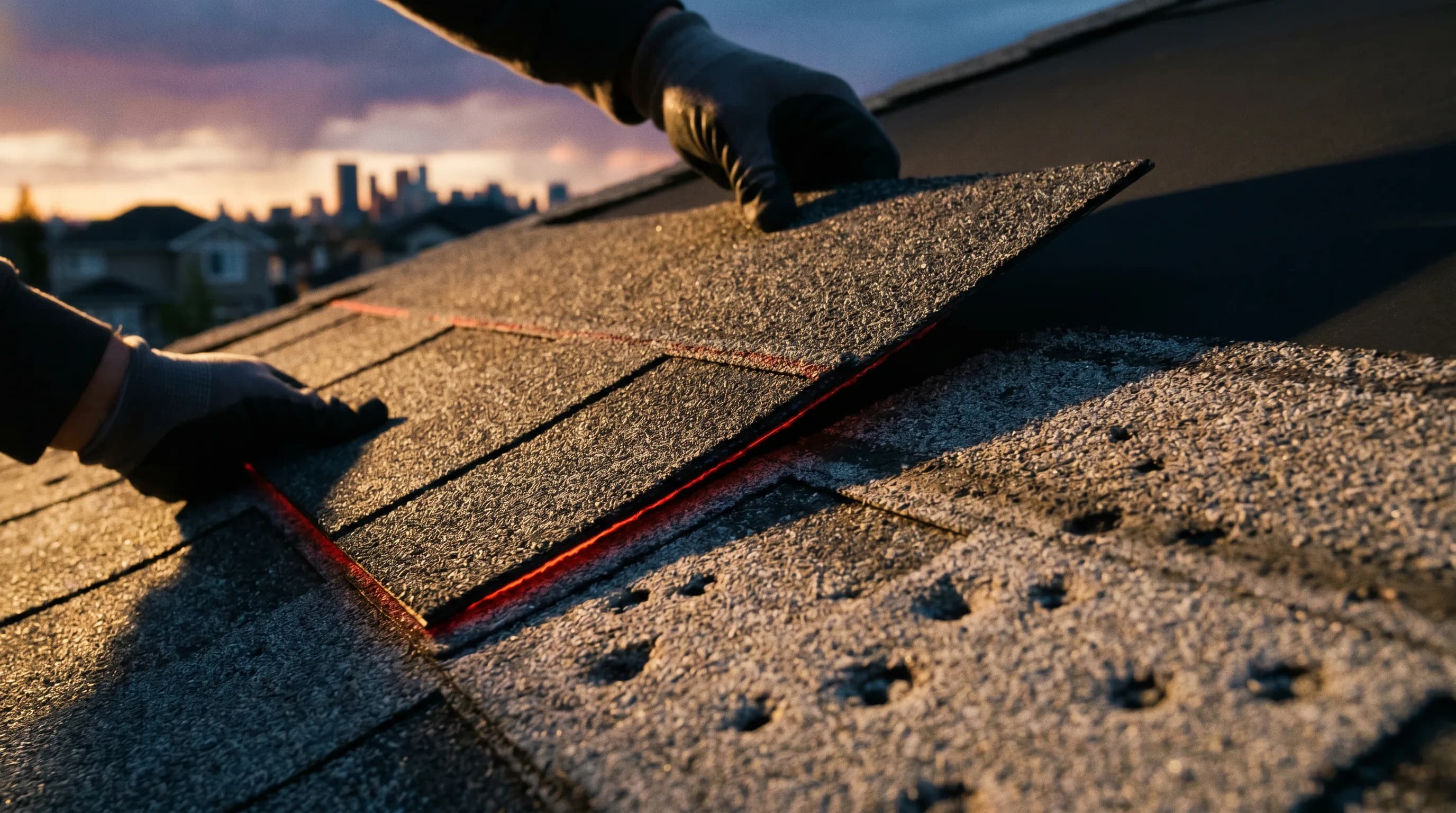 Macro of a new Class-4 impact-resistant asphalt shingle laid directly next to an old hail-dented shingle for visual contrast, golden-hour roof light.