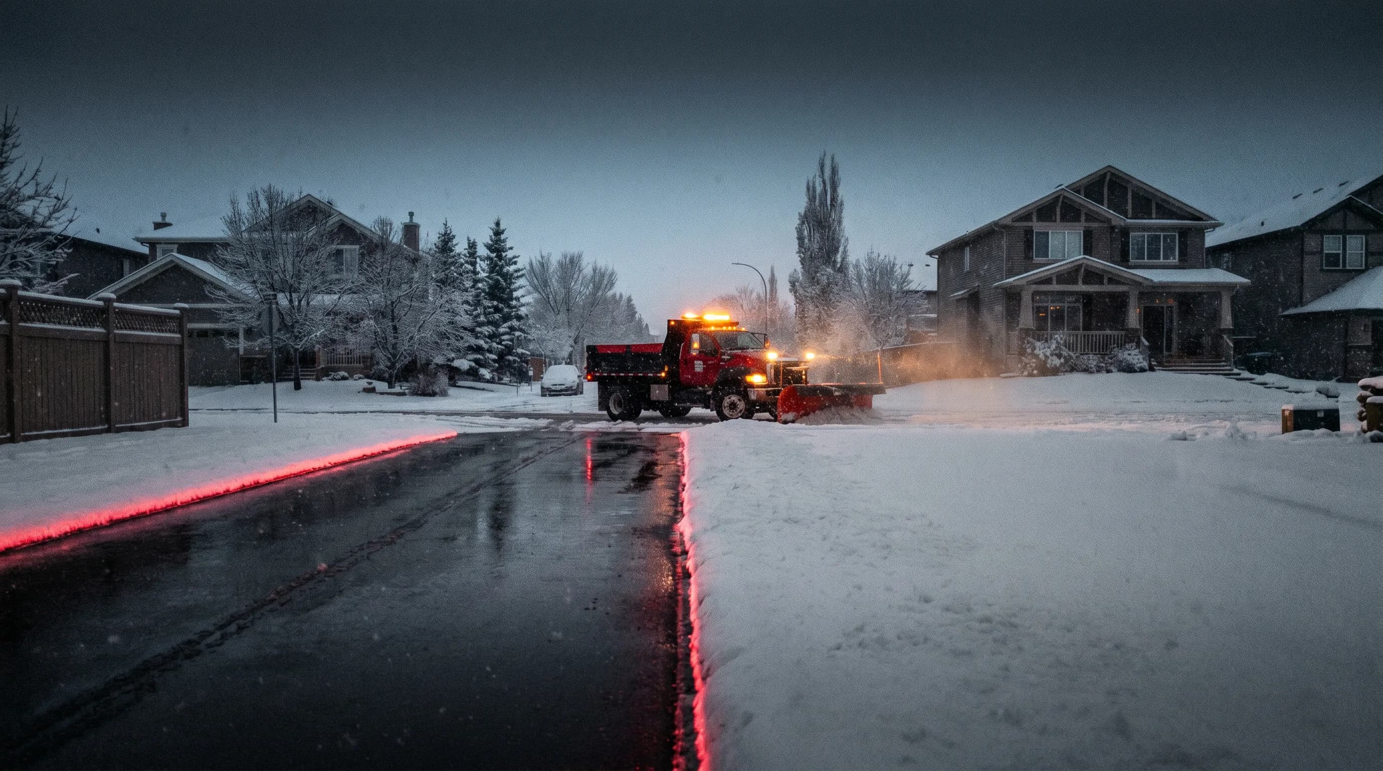 First-light Calgary residential street: one driveway pristine and cleared, the next-door driveway buried in knee-deep snow, a branded plow truck visible in the distance with snowflakes drifting through the frame.