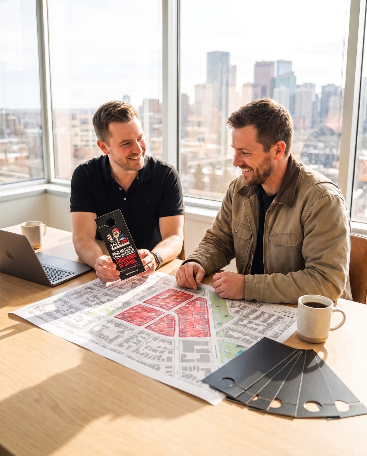 A StreetDrop strategist holding a StreetDrop door hanger while planning delivery zones on a neighbourhood map with a business owner