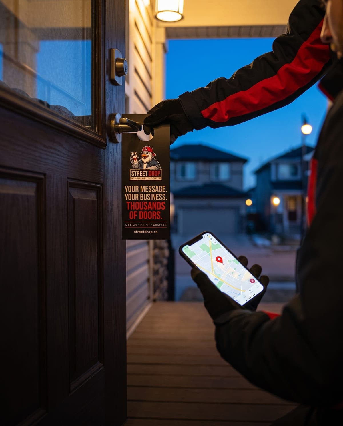 A StreetDrop courier hanging a StreetDrop door hanger on a front door handle at dusk