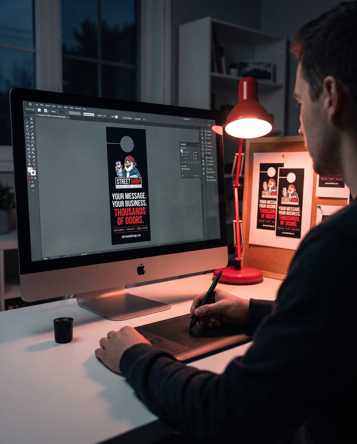 A designer laying out a StreetDrop door hanger, with printed proofs pinned beside the screen