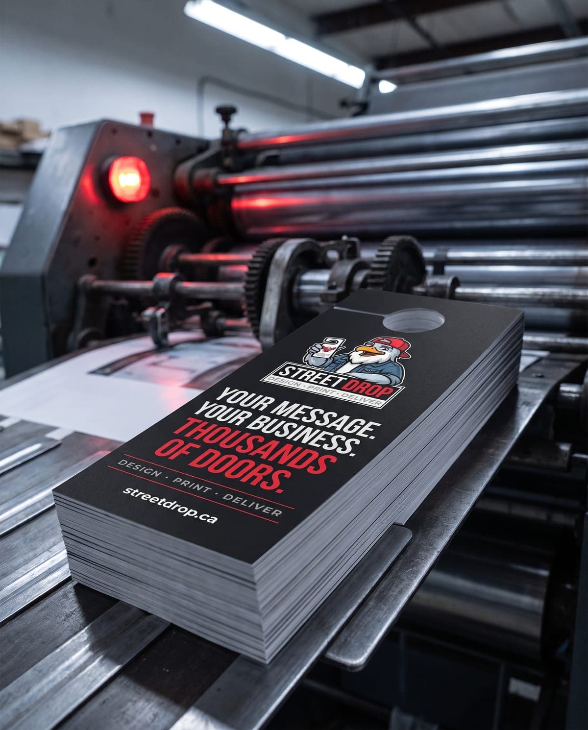 A stack of freshly printed StreetDrop door hangers on a printing press