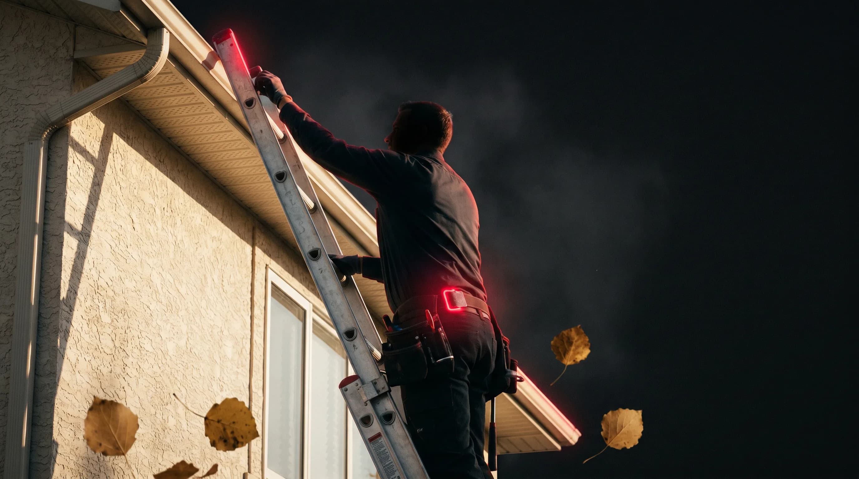 Crew member on an extension ladder mid-climb against the side of a two-storey Calgary suburban home, reaching for the aluminum eavestrough in autumn light.