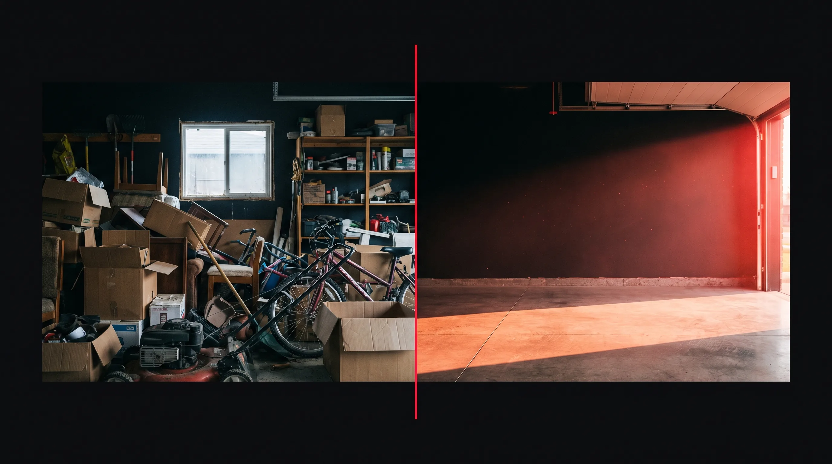 Before and after: a chaotic Calgary garage on the left, an empty swept-concrete garage on the right, lit with a hot red brand glow.