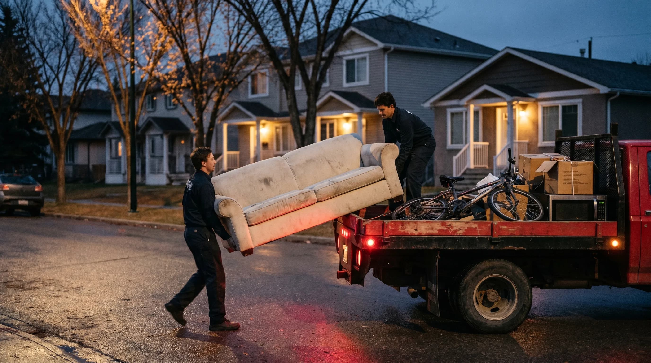 Two-person crew in dark uniforms lifting a cream sofa onto a branded red-and-black flatbed truck at dusk on a quiet Calgary residential street.