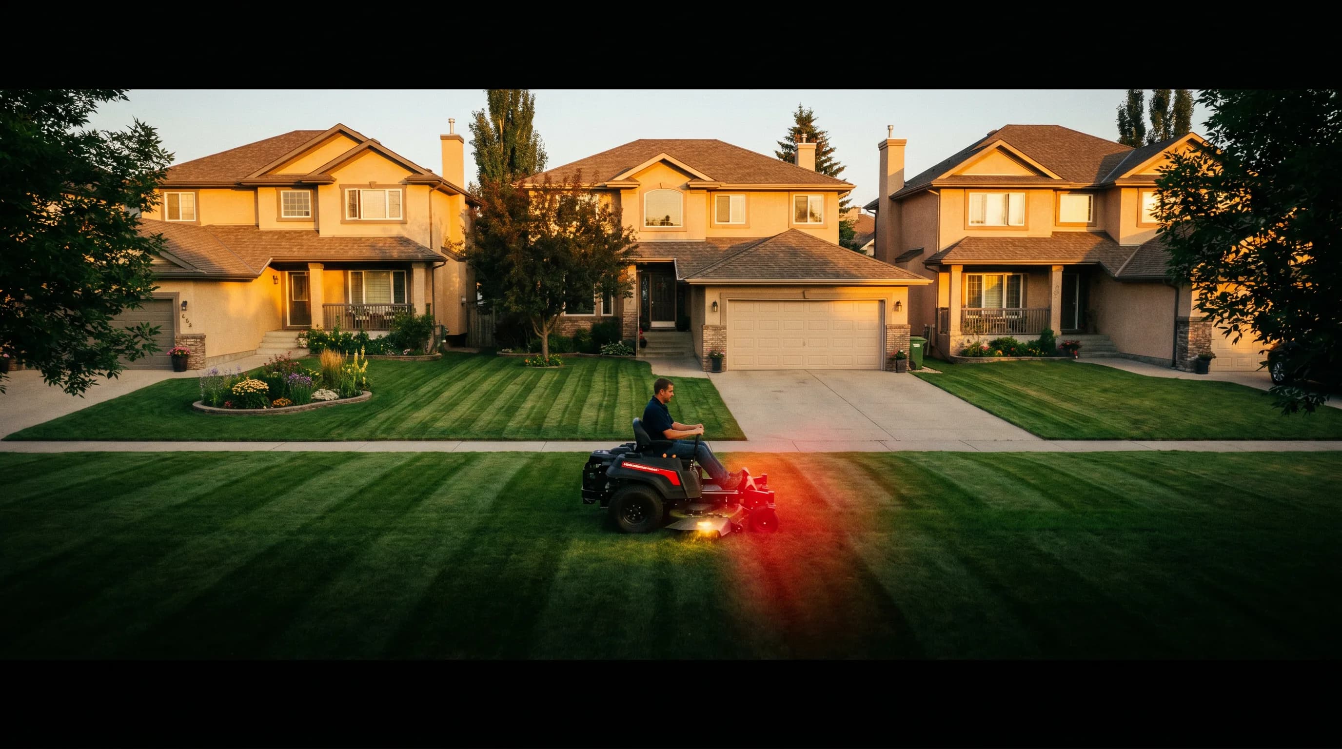 Postcard-perfect Calgary suburban street at golden hour: three manicured striped lawns side-by-side, a branded mower mid-stripe on the centre yard, sun glinting off freshly cut grass.