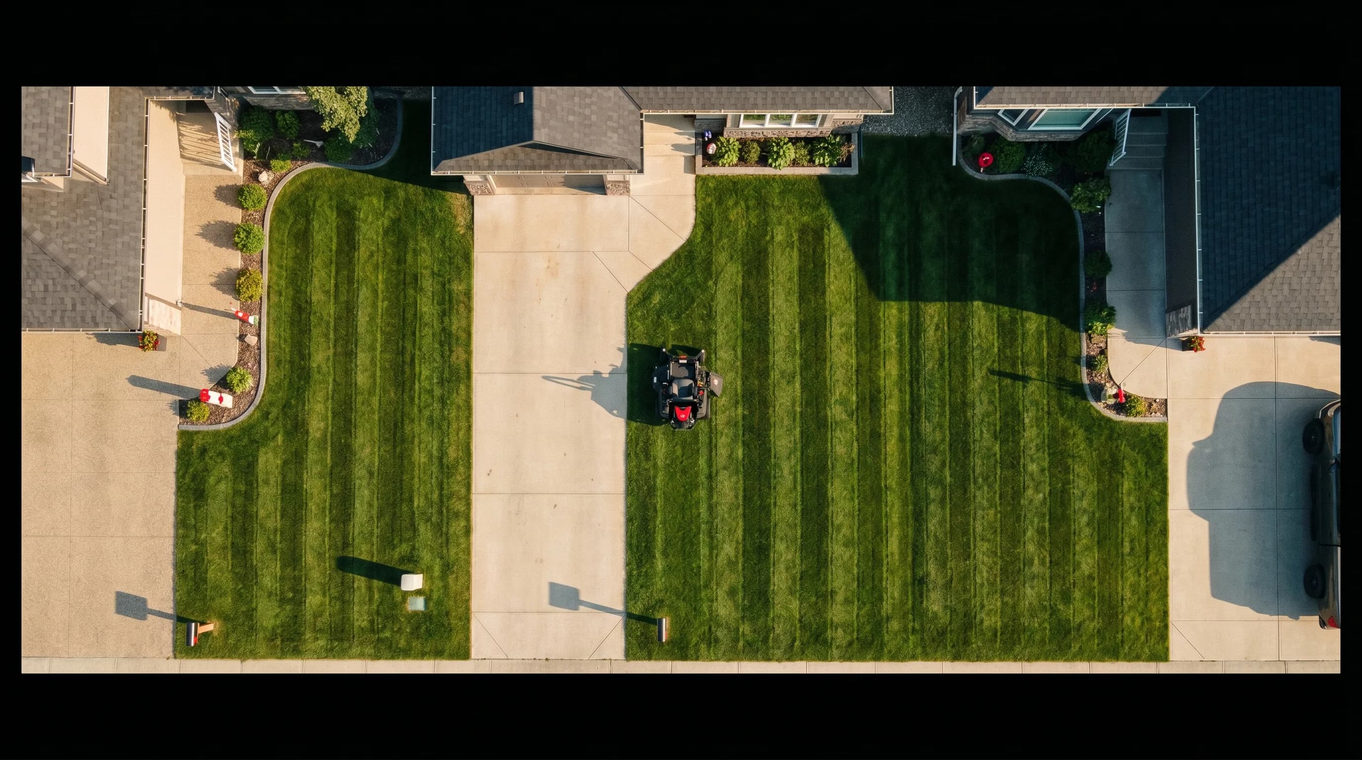 Aerial drone view straight down at three consecutive Calgary front lawns at golden hour, each freshly cut with crisp alternating dark-and-light mow stripes.