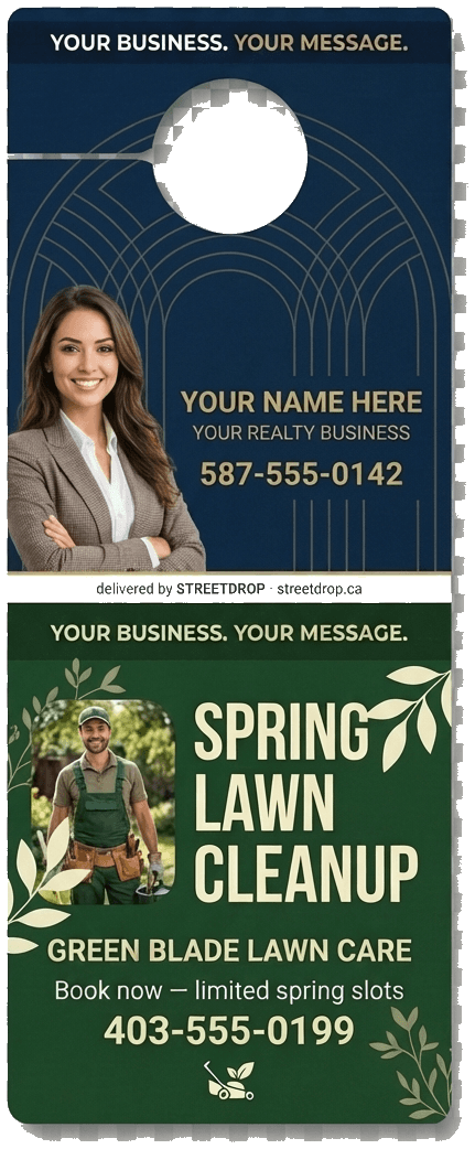 StreetDrop door hanger back — realtor and lawn care half-page ad examples