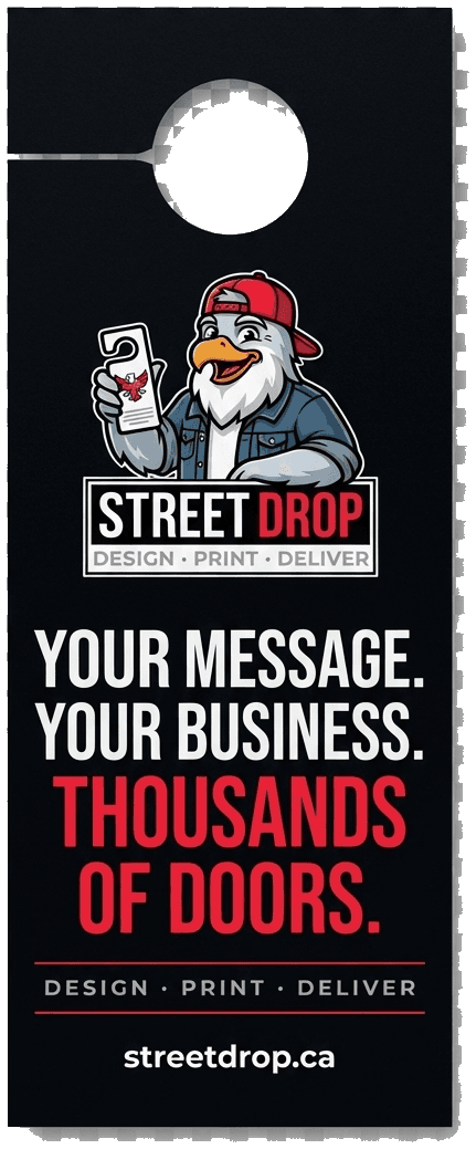StreetDrop door hanger front — your message, your business, thousands of doors