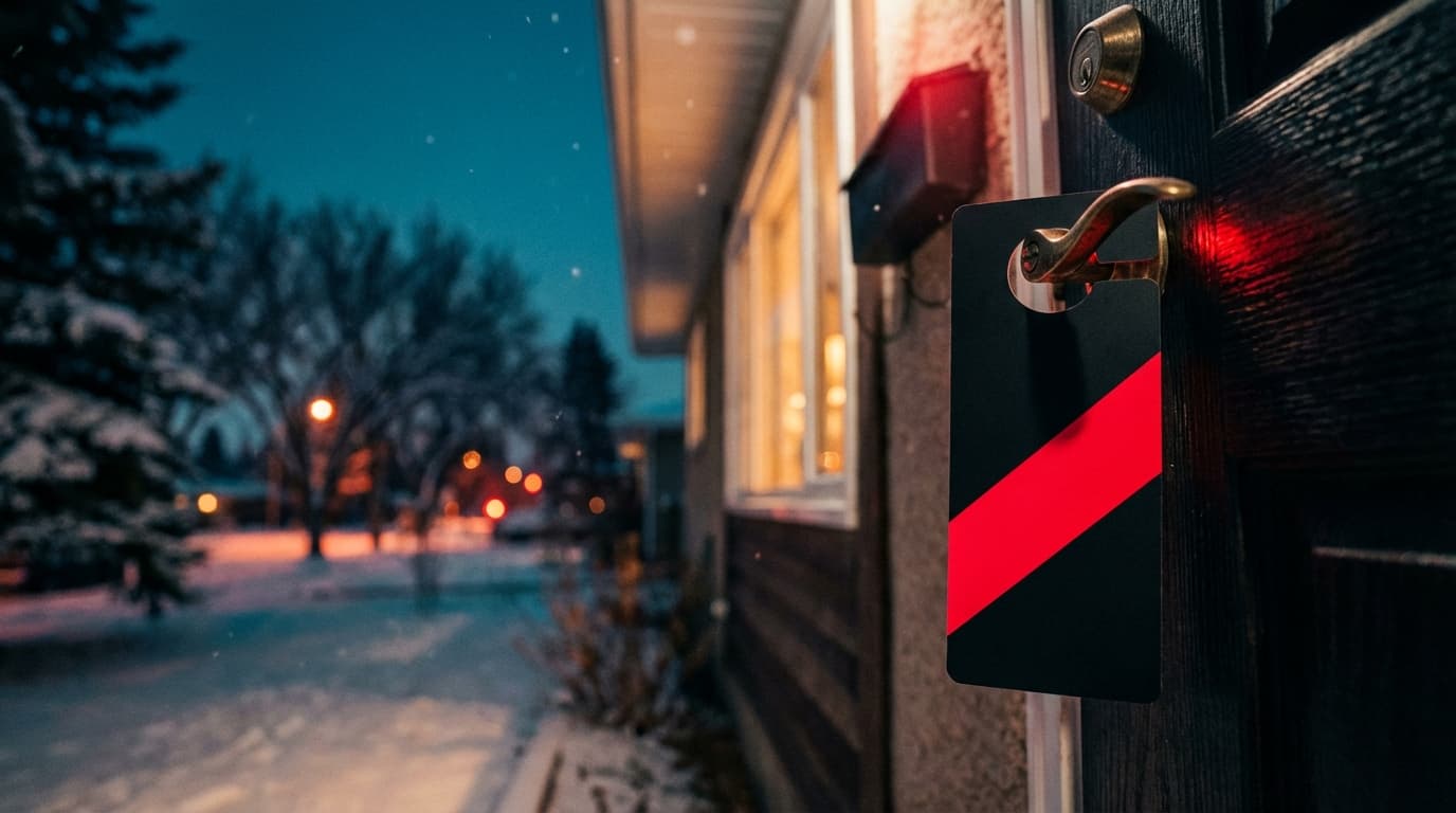 Calgary residential street at dusk with a StreetDrop door hanger on a front door